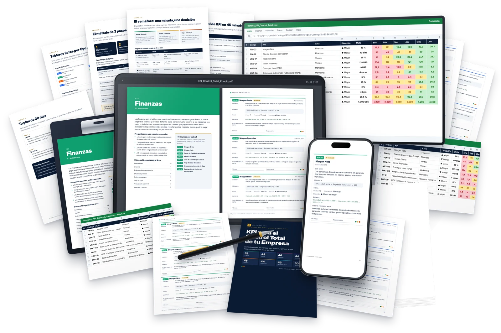 El ebook KPI Control Total abierto en tablet y celular, la plantilla Excel en un monitor y páginas impresas del ebook